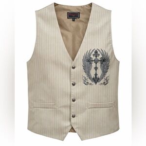 VTG Patroncito Men's Beige Black Embroidered Vest, Size L